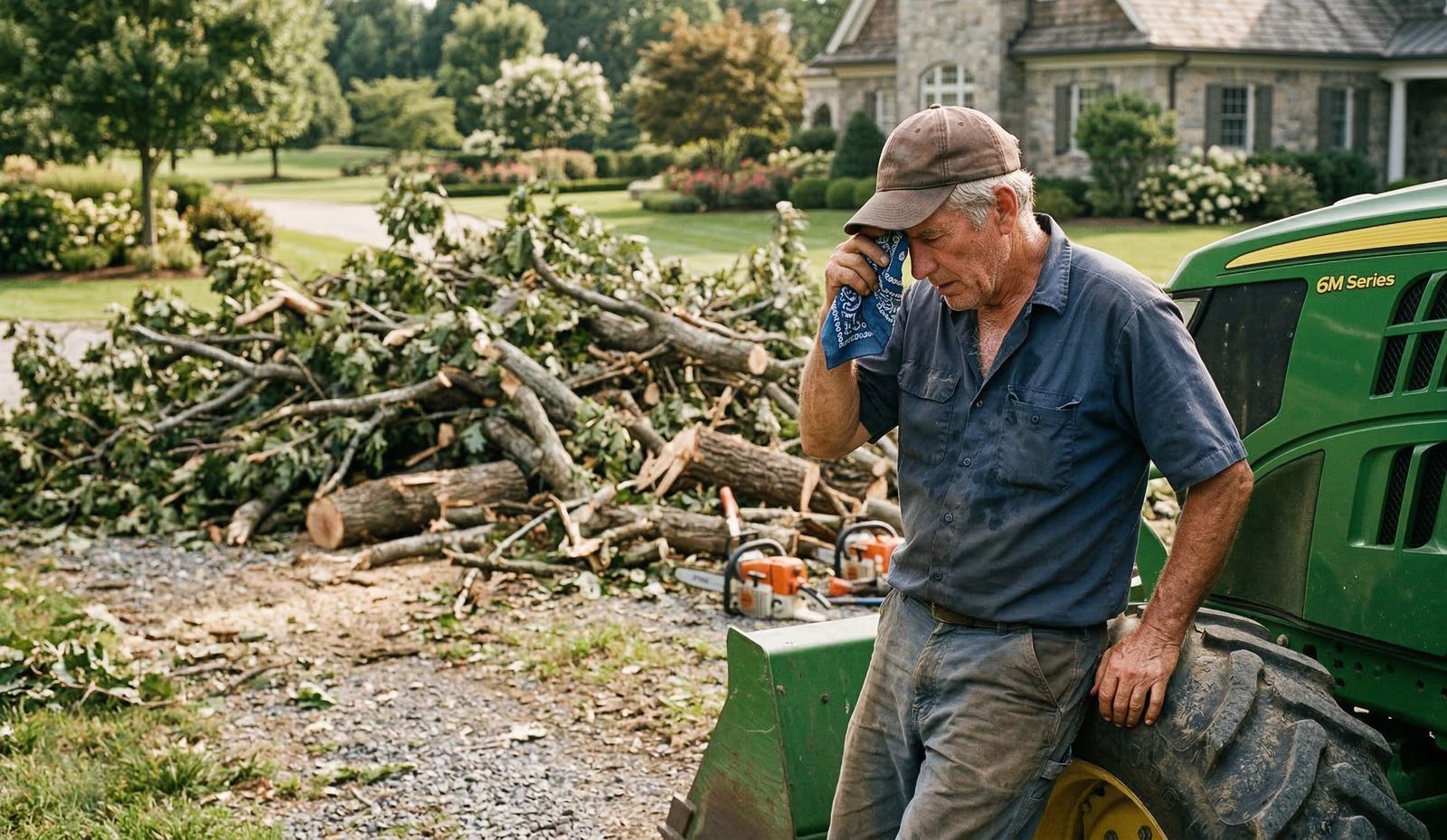 Exhausted landowner beside a large pile of cut branches and chainsaws